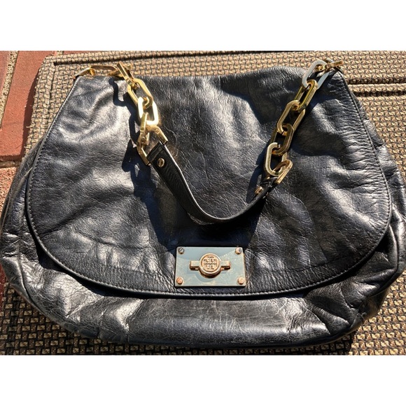 Tory Burch Gold Black Leather & Canvas Chain Linked Over-the-Shoulder Hobo Bag - Picture 10 of 13